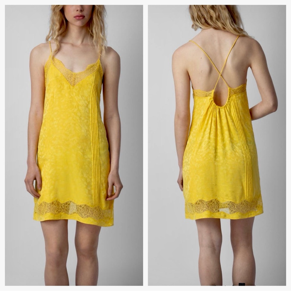 NWT Zadig & Voltaire Slip Dress Silk Lace Jacquard Leopard Print Sun Yellow Sz M